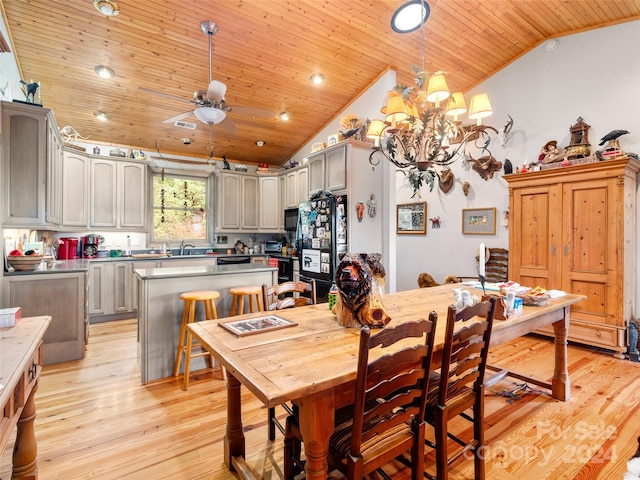 dining area featuring ceiling fan with notable chandelier, lofted ceiling, wood ceiling, sink, and light wood-type flooring