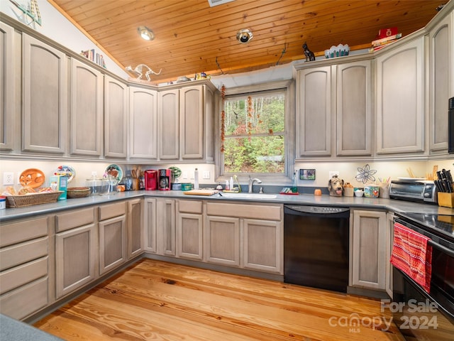 kitchen with black appliances, wood ceiling, sink, light hardwood / wood-style floors, and lofted ceiling