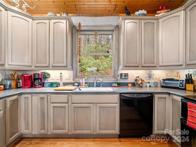 kitchen featuring light wood-type flooring, black appliances, sink, and wooden ceiling