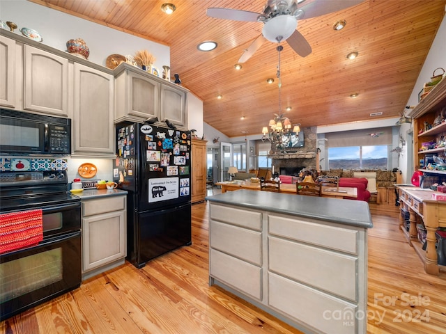 kitchen with wooden ceiling, black appliances, ceiling fan with notable chandelier, light hardwood / wood-style flooring, and lofted ceiling