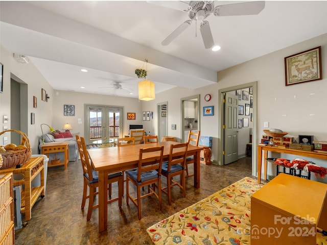 dining space with ceiling fan and french doors