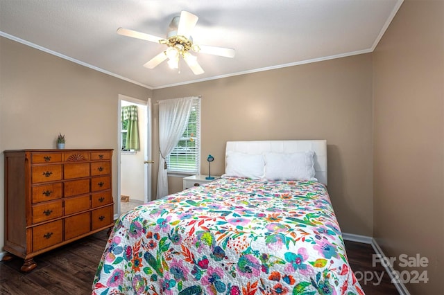 bedroom featuring ornamental molding, dark hardwood / wood-style flooring, and ceiling fan