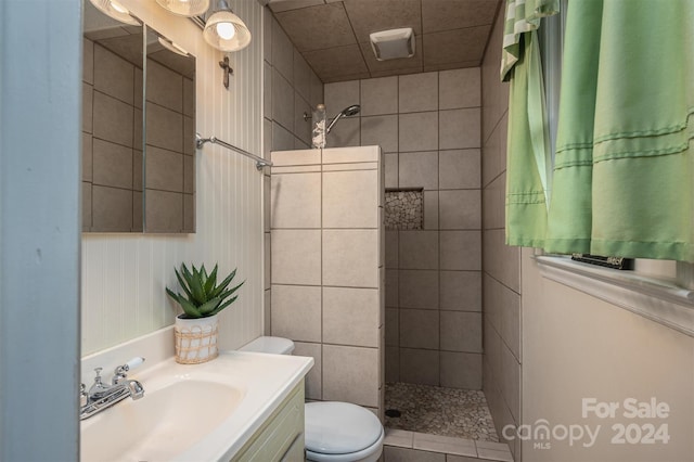 bathroom with toilet, vanity, and a tile shower