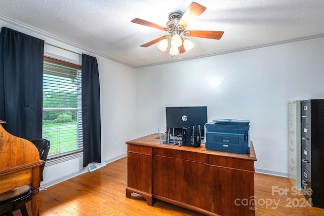 office space featuring light wood-type flooring, a textured ceiling, and ceiling fan