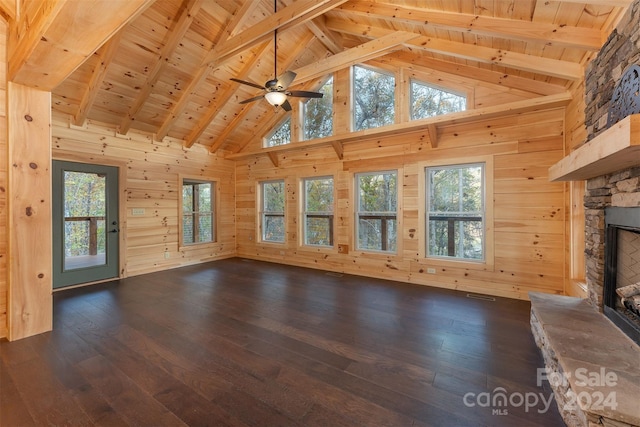 unfurnished living room featuring dark hardwood / wood-style floors, a stone fireplace, wood walls, and wood ceiling