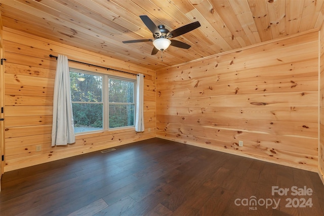 spare room with wooden ceiling, hardwood / wood-style flooring, and wooden walls