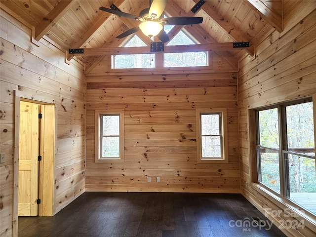 unfurnished room featuring beamed ceiling, a healthy amount of sunlight, and wood walls