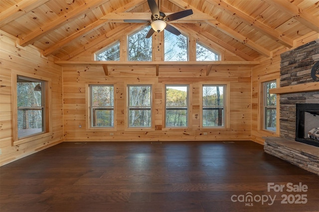 unfurnished living room with dark wood-type flooring, wooden ceiling, wooden walls, and a fireplace