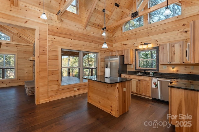 kitchen with pendant lighting, sink, wooden walls, and stainless steel appliances