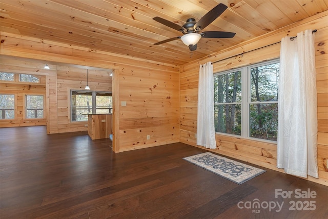 spare room featuring ceiling fan, wooden walls, dark hardwood / wood-style floors, and wooden ceiling