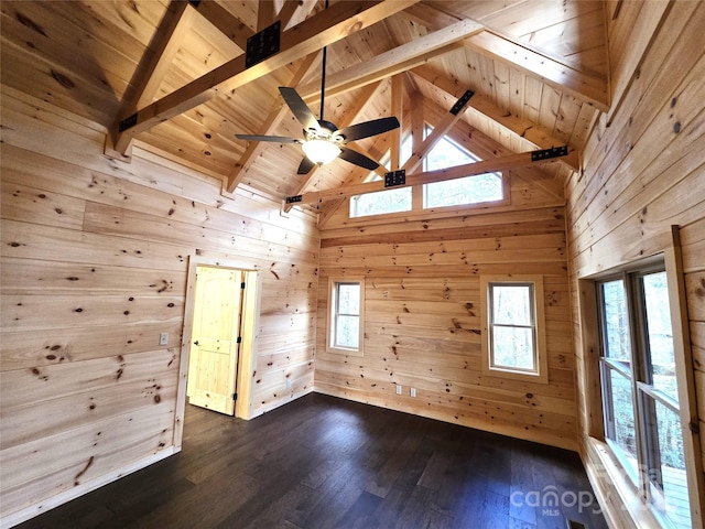 interior space with beamed ceiling, wooden walls, wood ceiling, and dark hardwood / wood-style flooring