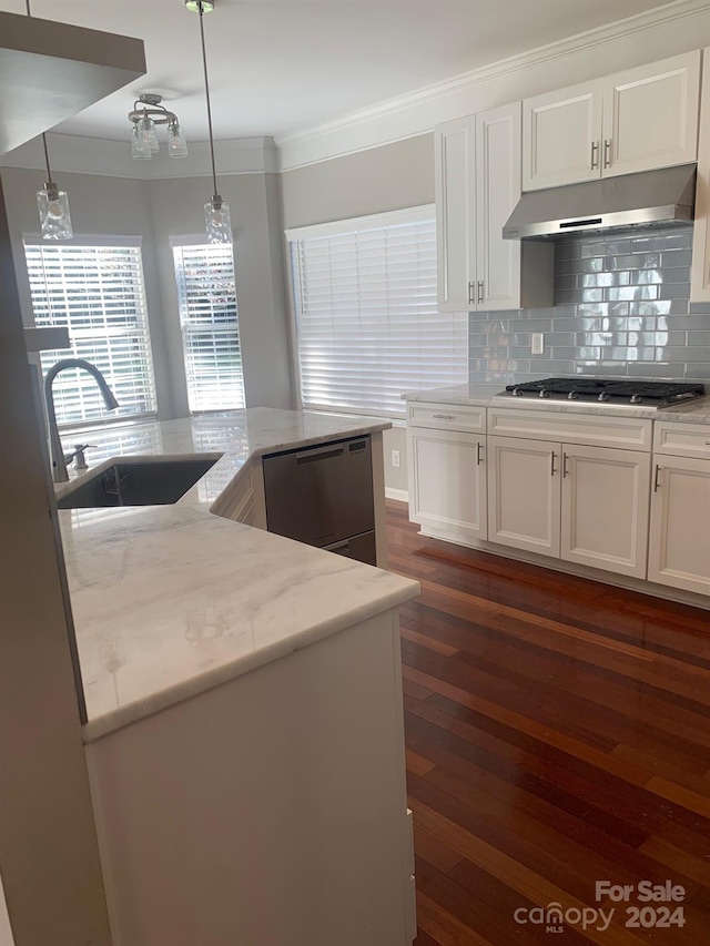 kitchen with light stone countertops, dark hardwood / wood-style flooring, sink, pendant lighting, and white cabinetry