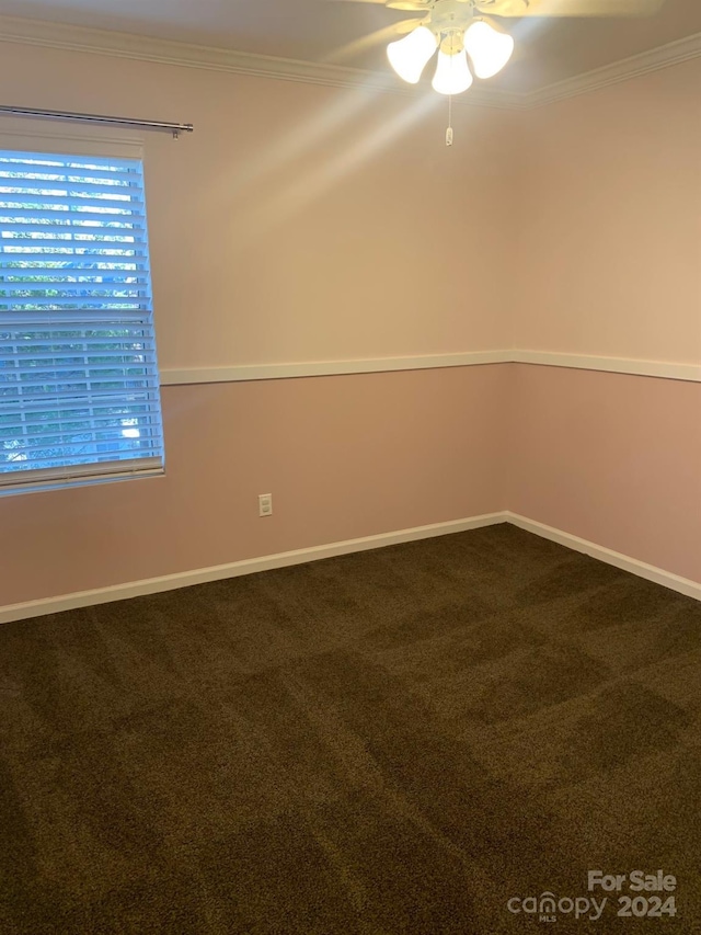 empty room featuring carpet flooring, ceiling fan, and ornamental molding