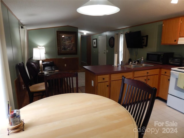 kitchen featuring lofted ceiling, ventilation hood, sink, and white range with electric stovetop