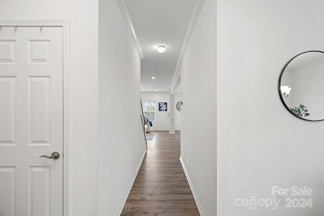 corridor with dark hardwood / wood-style flooring and ornamental molding