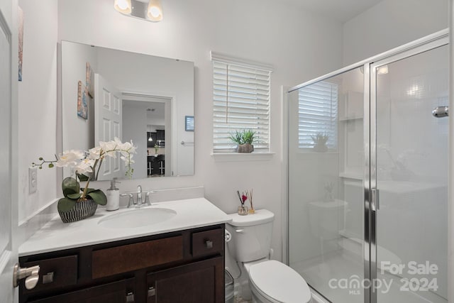 bathroom featuring vanity, toilet, and walk in shower