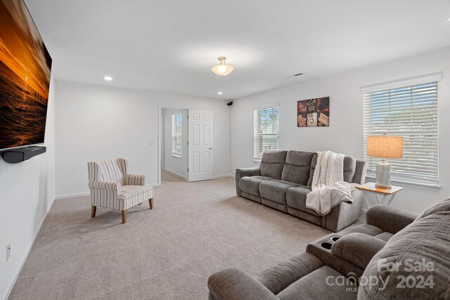 living room featuring plenty of natural light and light colored carpet