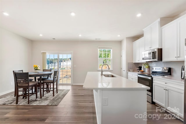 kitchen with a healthy amount of sunlight, stainless steel appliances, sink, and an island with sink