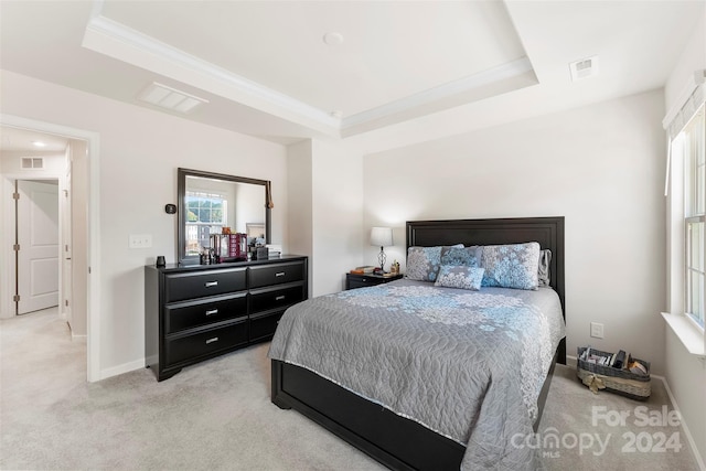 bedroom with light carpet, a raised ceiling, and crown molding