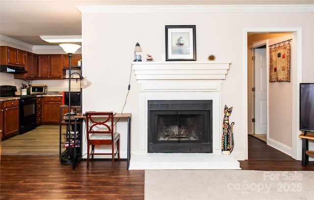 living room with crown molding and dark wood-type flooring