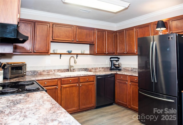 kitchen featuring crown molding, sink, refrigerator, ventilation hood, and black dishwasher