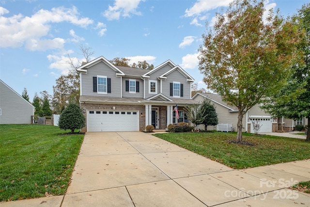 view of front facade featuring a front yard and a garage