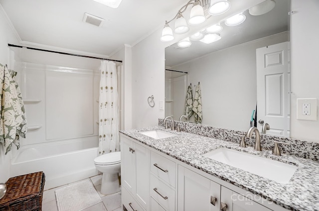 full bathroom with vanity, tile patterned floors, crown molding, toilet, and shower / tub combo