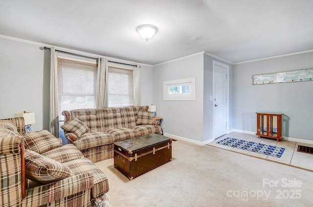 carpeted living room featuring ornamental molding