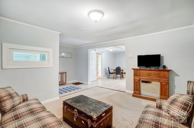 living room featuring light colored carpet and ornamental molding