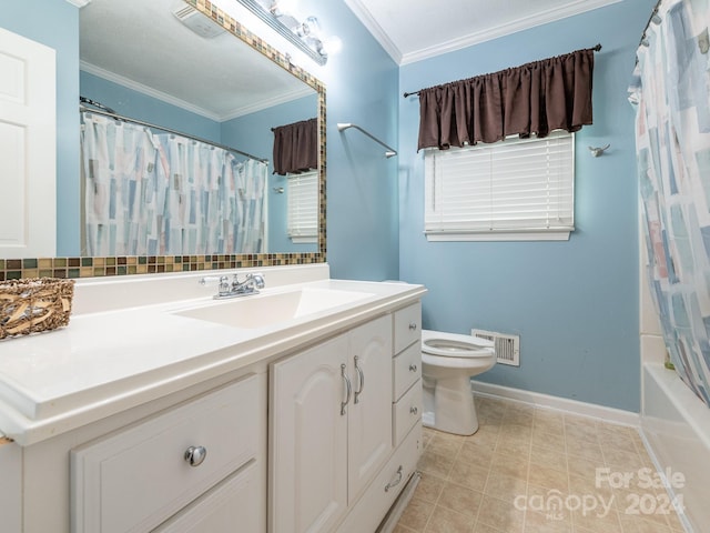 full bathroom with vanity, toilet, shower / bathtub combination with curtain, and ornamental molding