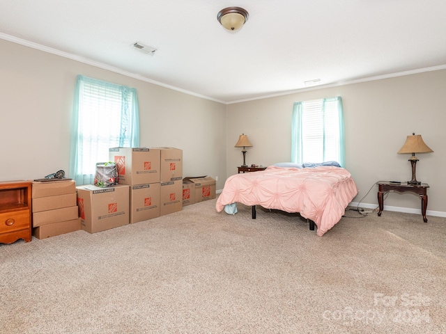 bedroom with multiple windows, crown molding, and carpet floors