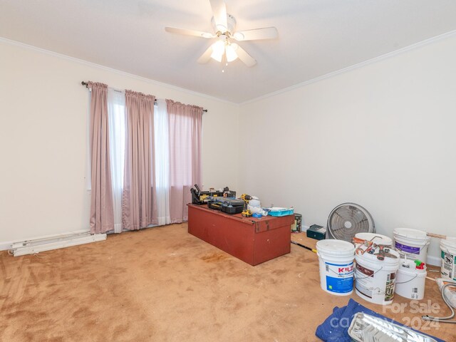 carpeted office featuring a baseboard radiator, ceiling fan, and crown molding