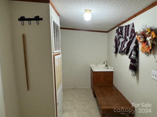 bathroom with vanity, a textured ceiling, and ornamental molding