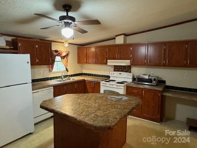 kitchen with vaulted ceiling, a textured ceiling, sink, a kitchen island, and white appliances