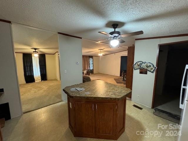 kitchen featuring kitchen peninsula, a textured ceiling, and light colored carpet