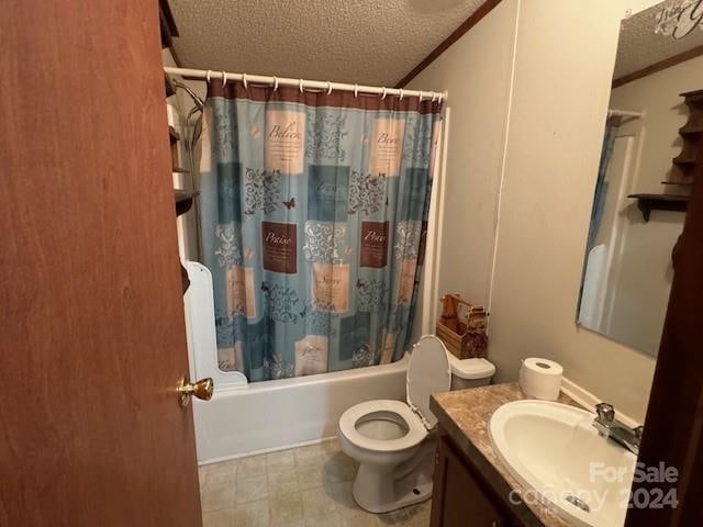 full bathroom with toilet, a textured ceiling, ornamental molding, vanity, and shower / bathtub combination with curtain