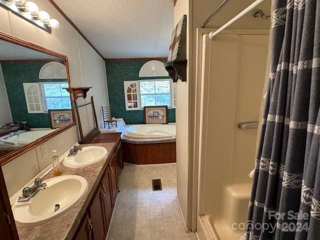 bathroom featuring a textured ceiling, vanity, a healthy amount of sunlight, and plus walk in shower