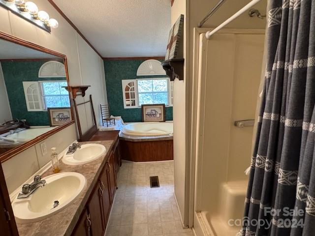 1922 Zacks Fork Rd, Lenoir, NC 28645 - bathroom with a bath, a textured ceiling, a shower with curtain, double vanity, and ornamental molding