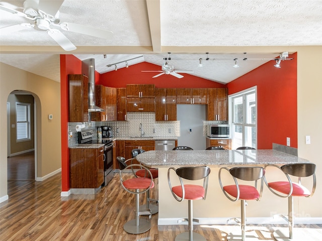 kitchen with hardwood / wood-style flooring, sink, wall chimney exhaust hood, and stainless steel appliances