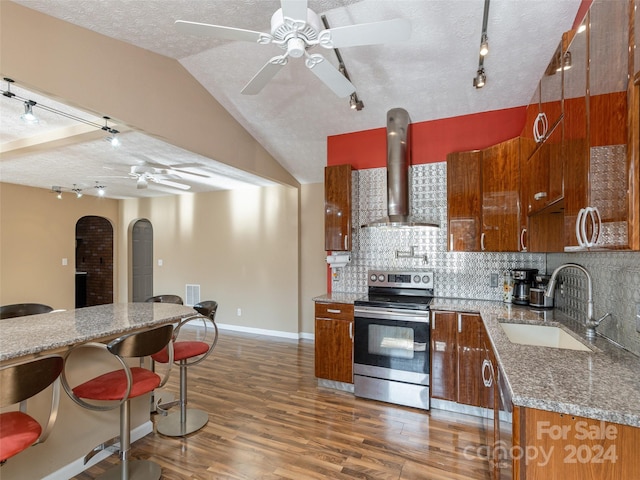 kitchen featuring sink, a textured ceiling, stainless steel electric range oven, dark wood-type flooring, and exhaust hood