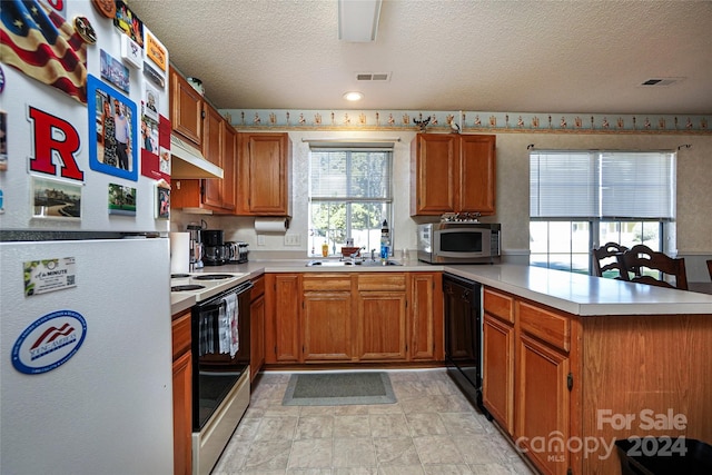 kitchen with kitchen peninsula, sink, stainless steel appliances, and a textured ceiling