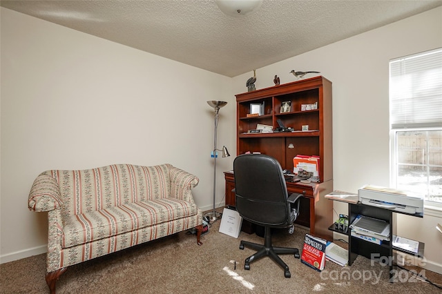 home office featuring carpet flooring and a textured ceiling