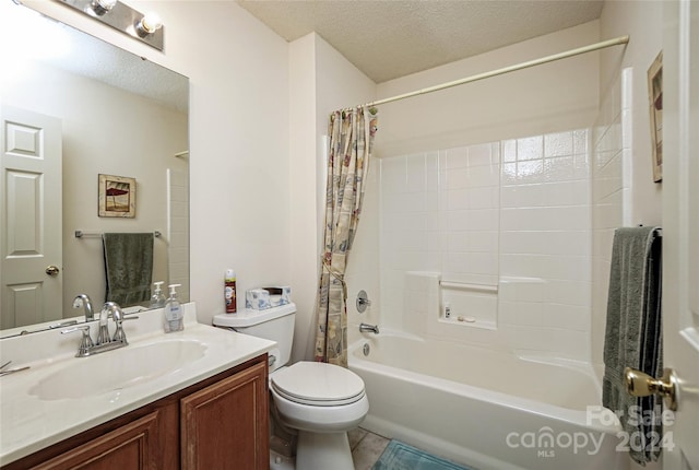 full bathroom with tile patterned flooring, shower / bath combination with curtain, a textured ceiling, toilet, and vanity