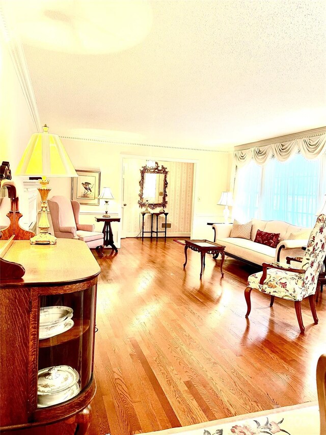 living room with hardwood / wood-style floors and a textured ceiling