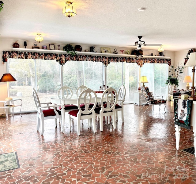 dining area featuring ceiling fan, a healthy amount of sunlight, and a textured ceiling