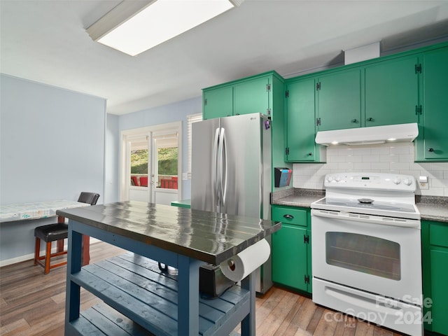 kitchen with wood-type flooring, green cabinetry, and white range with electric cooktop