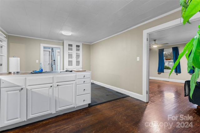 kitchen featuring white cabinetry, ceiling fan, dark hardwood / wood-style floors, and ornamental molding