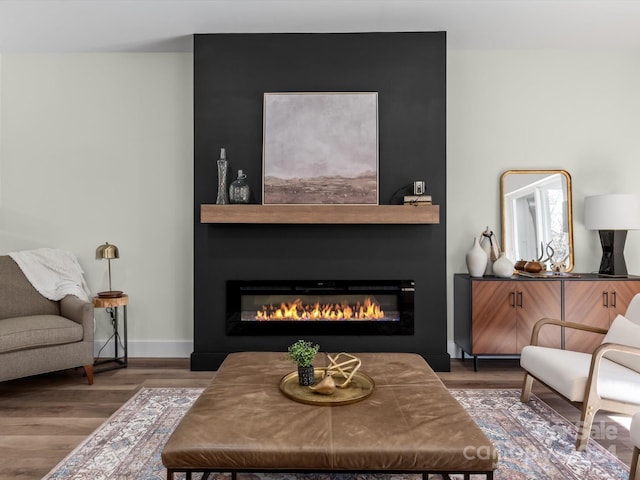 sitting room featuring wood-type flooring and a large fireplace