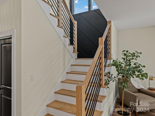 staircase with hardwood / wood-style flooring