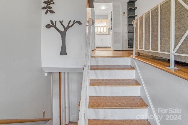 staircase with hardwood / wood-style flooring